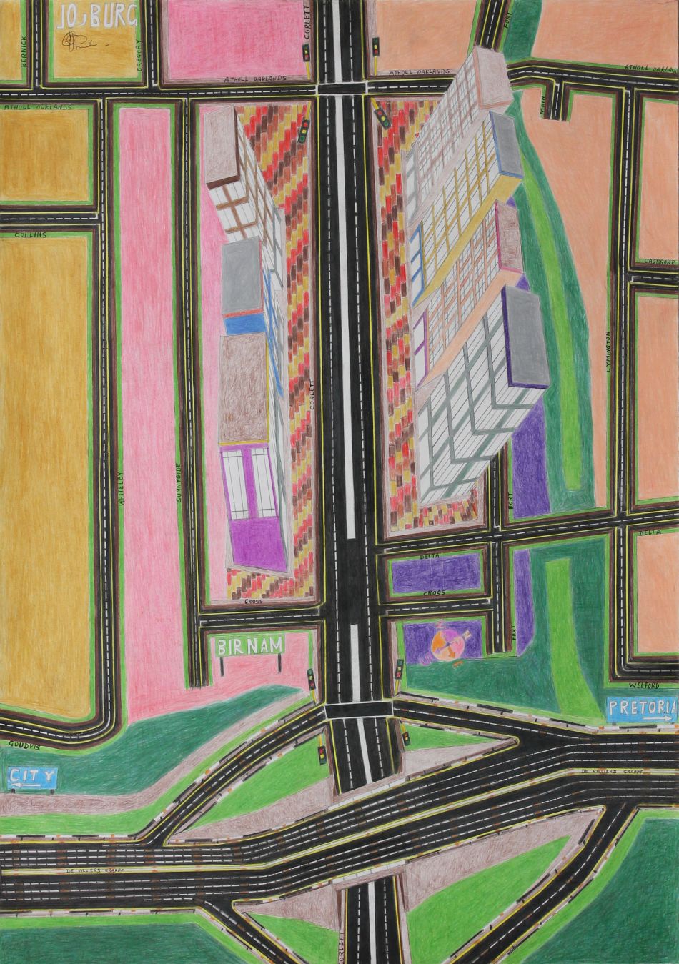 Click the image for a view of: Jo'burg (Corlett Drive). 2013. Colour pencil on paper. 860X710mm